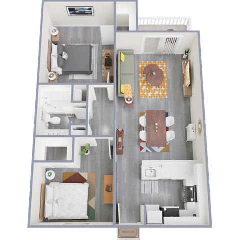 a 3d rendering of our 1 bedroom apartment at princeton court apartments in dallas